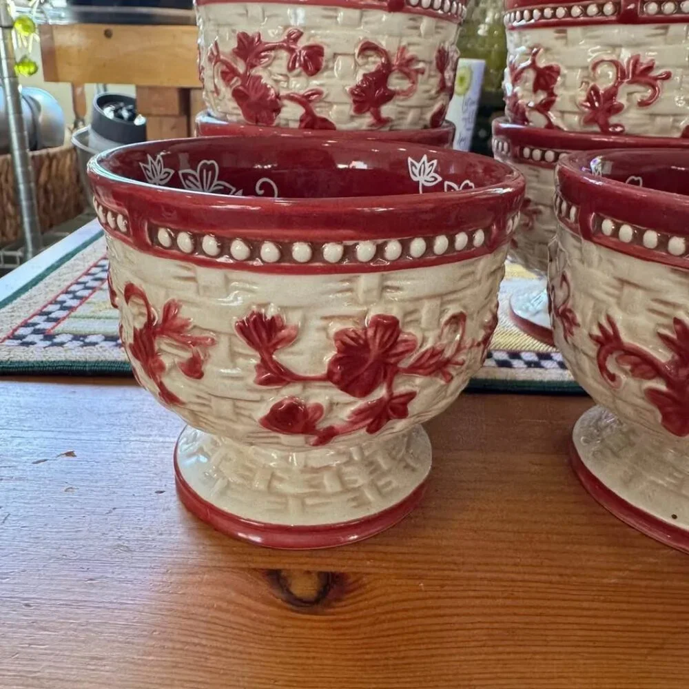 Temptations Red Floral Lace Basketweave Old World Design Stoneware 6pcs
